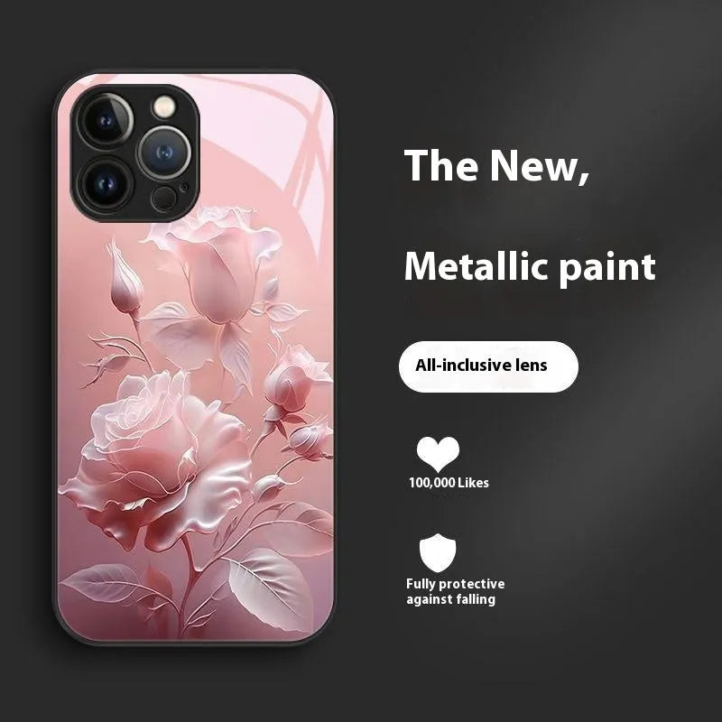 Blooming rose glass painted phone case in red with tempered glass and all-inclusive fit for iPhone 12-15 models