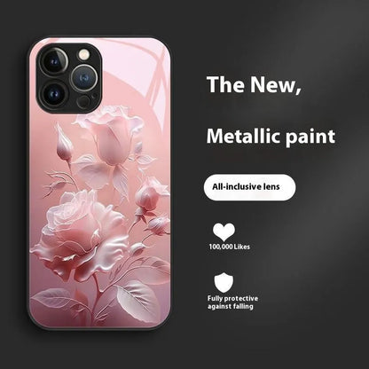 Blooming rose glass painted phone case in red with tempered glass and all-inclusive fit for iPhone 12-15 models