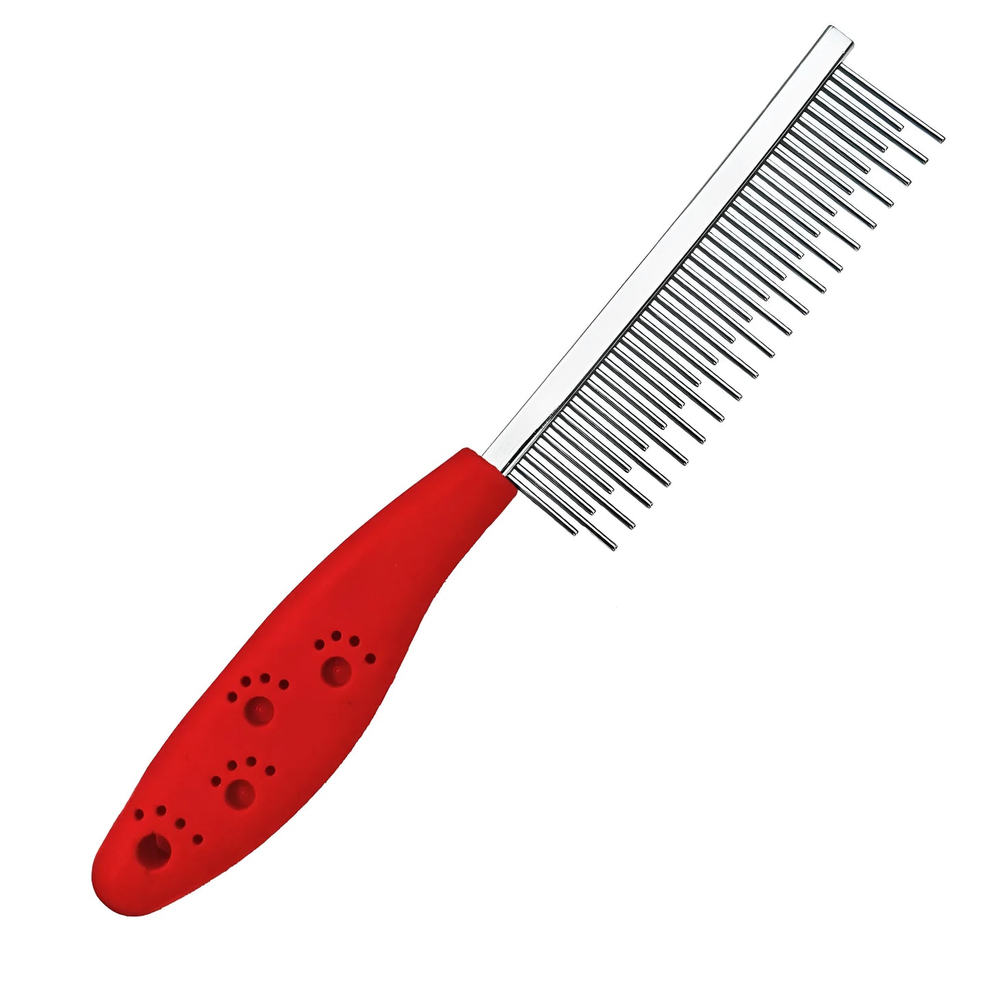 Red stainless steel pet comb with dual-length teeth and plastic handle for dematting dog and cat fur.