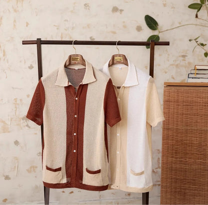 Beige cotton linen blend short-sleeved cardigan with lapel collar shown on hanger