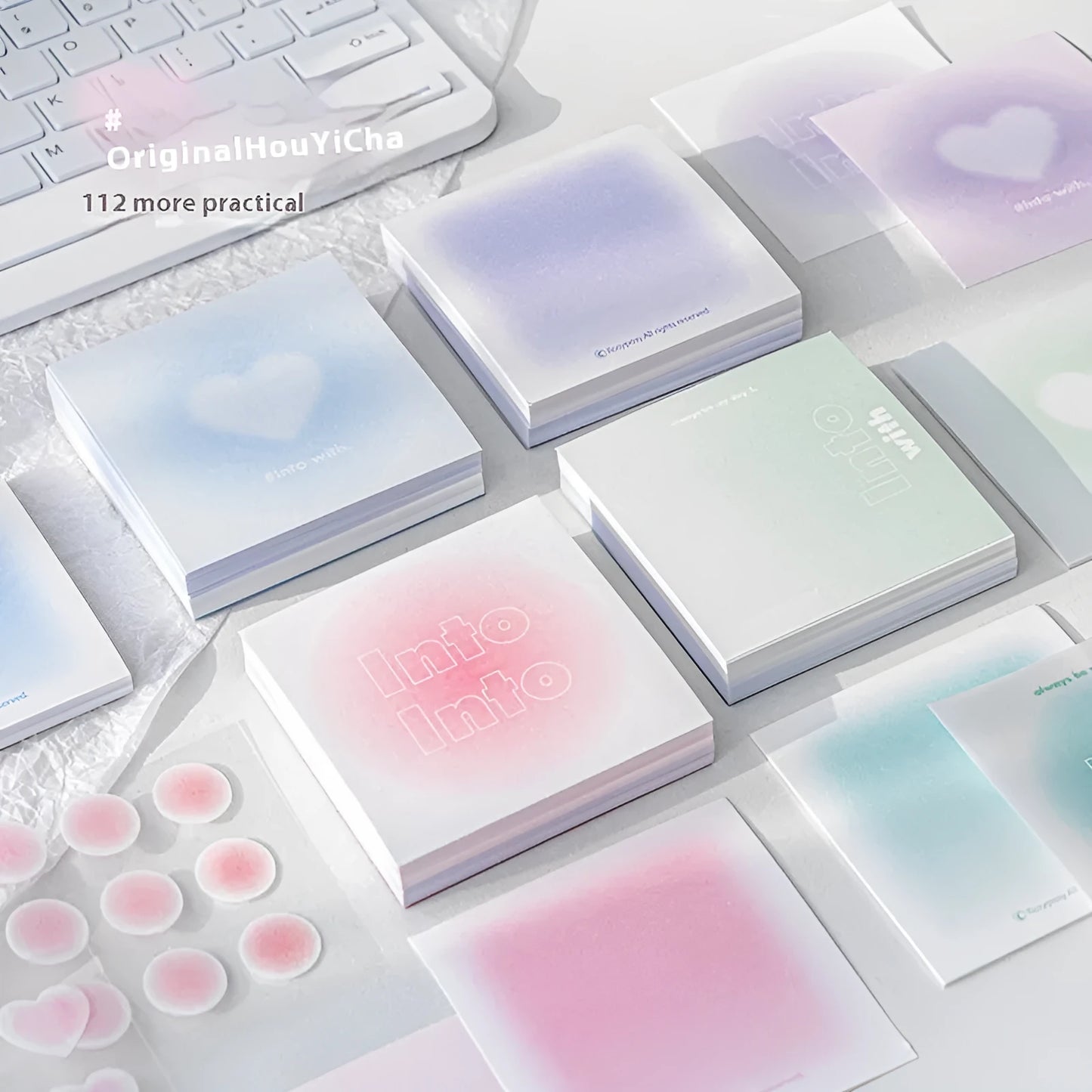 Square 70mm gradient parchment notepad set with sticky notes, plain paper, and stickers in blush colour.