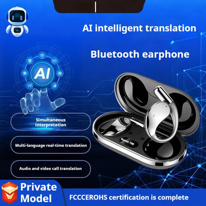 Beige and black sports Bluetooth earphones with a hanging ear design, shown with a digital display.