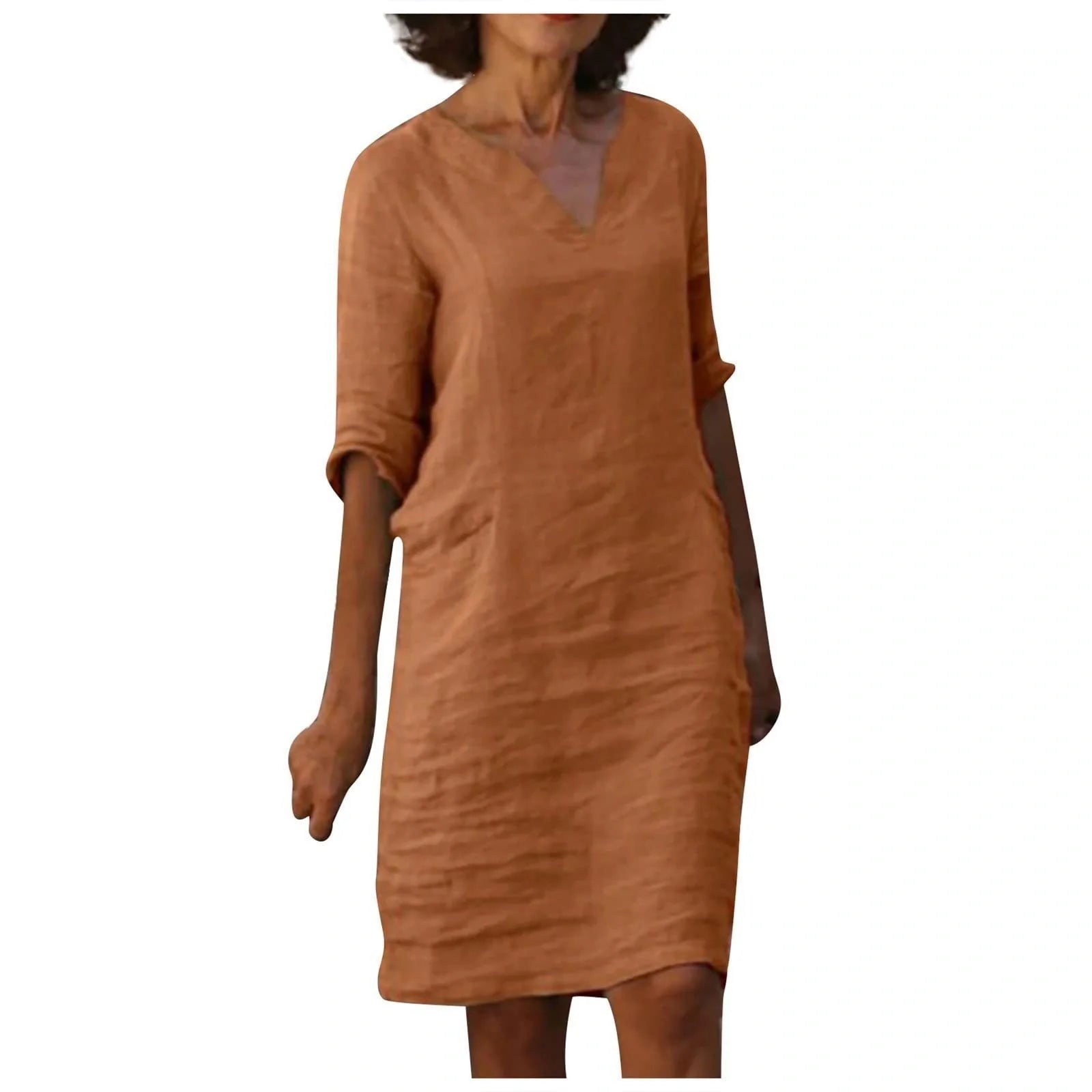 Retro cotton and linen V-neck dress with high waist and summer stitching in various colours