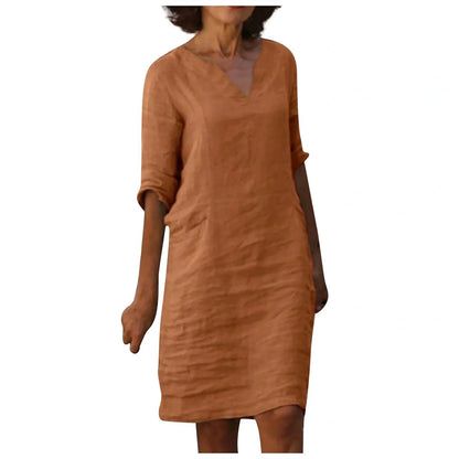 Retro cotton and linen V-neck dress with high waist and summer stitching in various colours