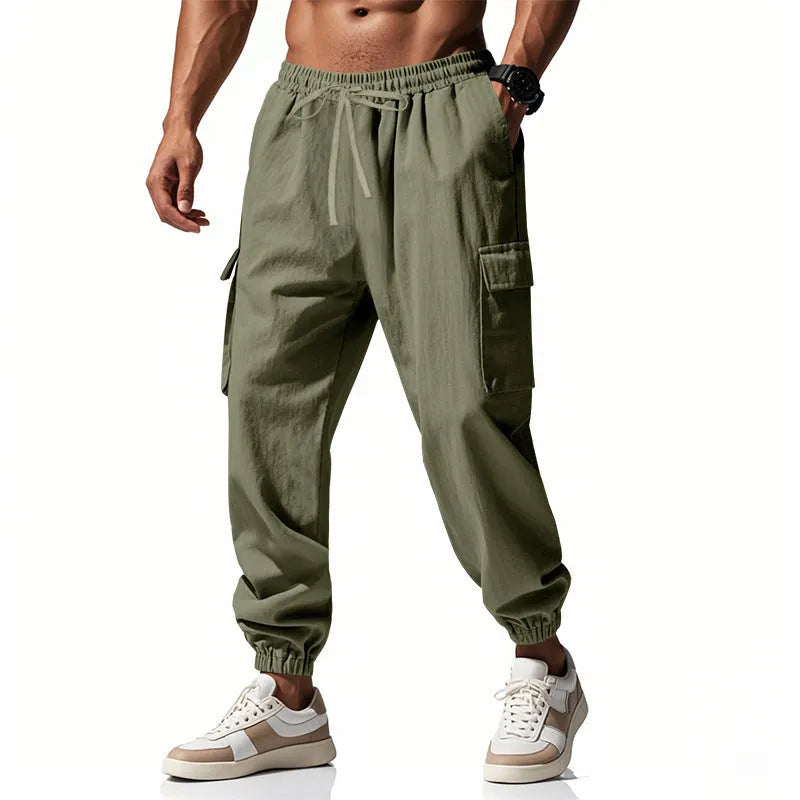 Men's linen casual trousers with adjustable ankle ties and four pockets in khaki colour
