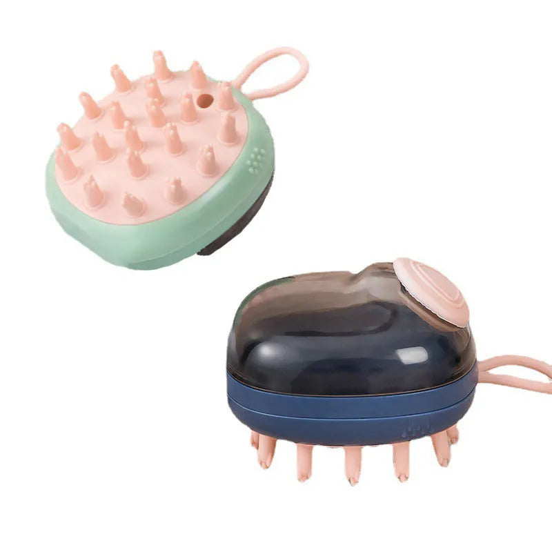 Blue and green pet bath brush with silicone bristles and a shampoo dispenser bottle in hand.
