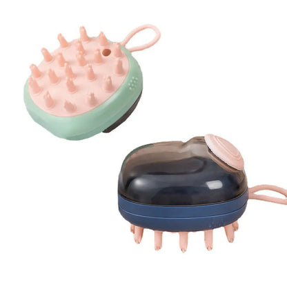 Blue and green pet bath brush with silicone bristles and a shampoo dispenser bottle in hand.