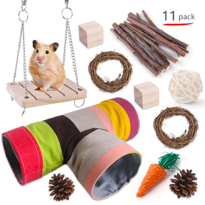 Assorted natural wooden chew toys for small pets including balls, rings, and mats on a plain background.