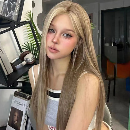 Forehead lace wig with golden brown gradient colour and centre-parted style on display
