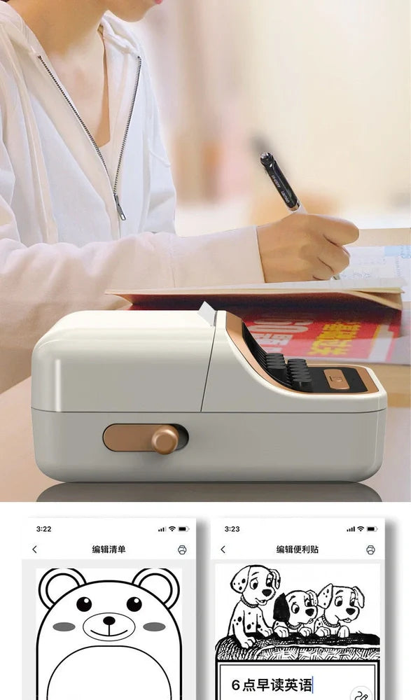 Portable white thermal Bluetooth printer with 40x30mm label roll inserted, dimensions 135x92x60mm