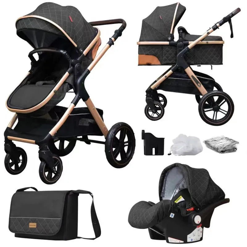 Lightweight folding multi-function baby cart with iron pipe frame, high landscape seat, 15kg load, in khaki or grey