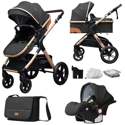 Lightweight folding multi-function baby cart with iron pipe frame, high landscape seat, 15kg load, in khaki or grey