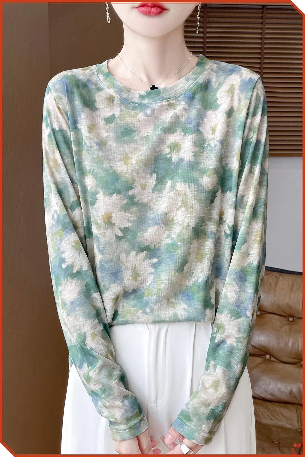Women's round neck floral print pullover in Tencel cotton fabric, shown in a colourway from the range of five designs.