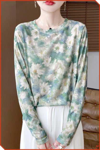 Women's round neck floral print pullover in Tencel cotton fabric, shown in a colourway from the range of five designs.