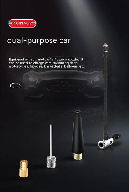 Red and black portable car wireless air pump with battery, cables, and multiple nozzles for tyres and sports equipment.