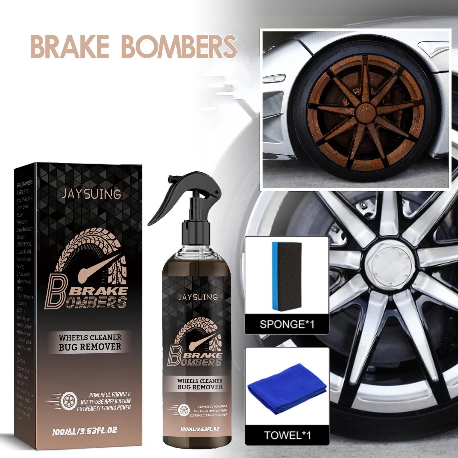 Brake disc cleaning kit with 100ml bottle, sponge and microfibre cloth for automotive maintenance