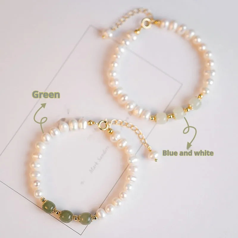 Korean style freshwater pearl bracelet with diamond-shaped pearls in Hetian jade electroplated finish