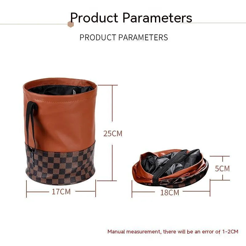 Retractable leather car trash can with handle shown in folded and expanded positions