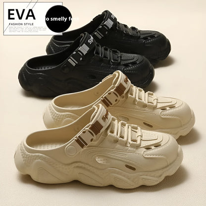 Men's khaki and black outdoor summer slippers with hollow-out breathable design and EVA soles