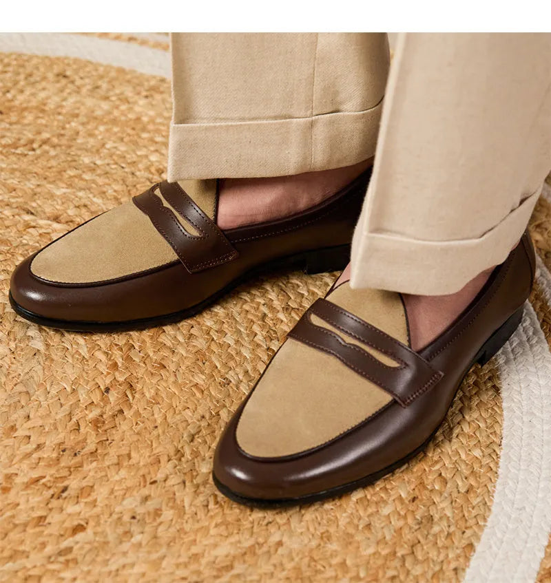 Men's coffee grey suede leather loafers with a kick-on closure, shown on a white background.
