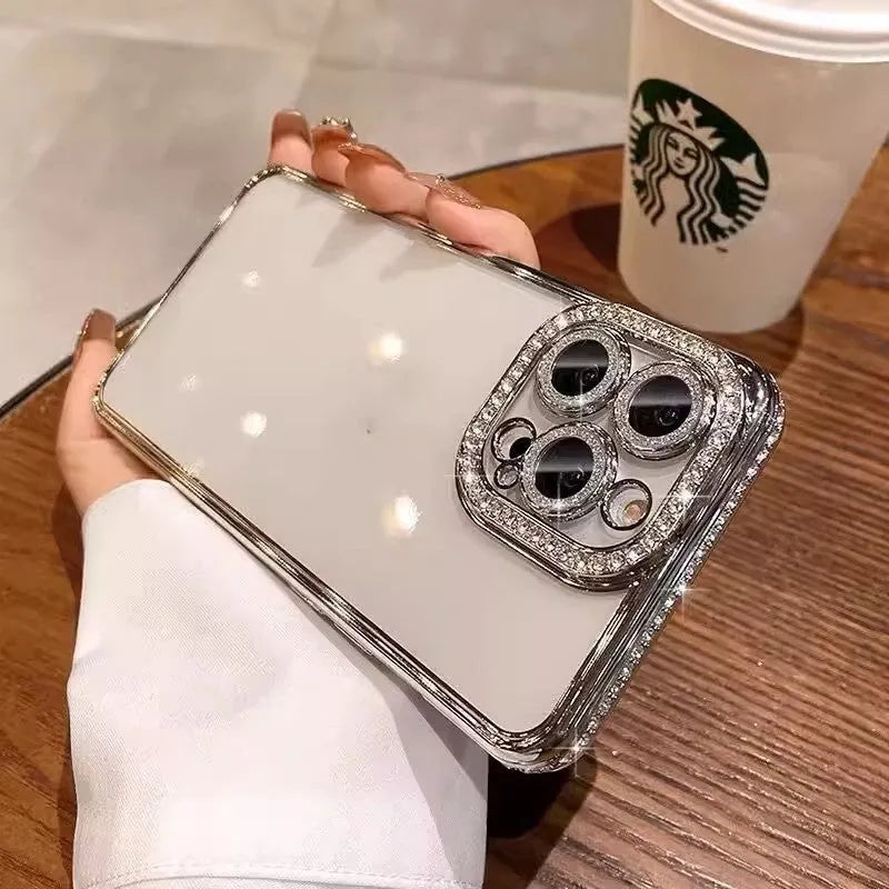 Rhinestone glitter TPU phone case with lens protector, compatible with iPhone 11 to 15 Pro Max, available in black, dark purple, gold, pink, silver and blue.
