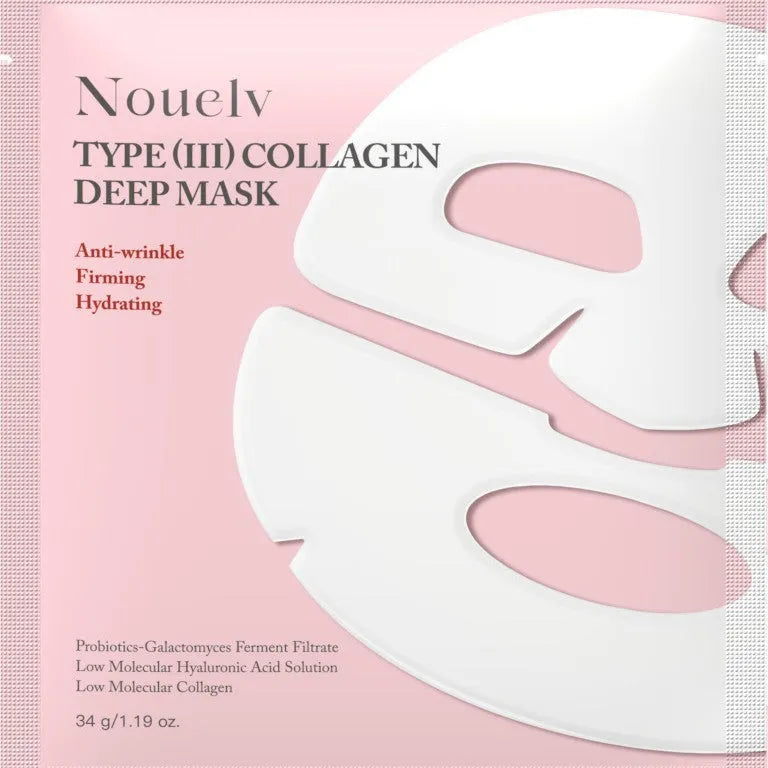 Box containing four white collagen layered patch masks for face skincare.