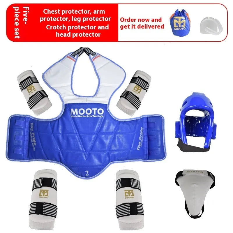 Taekwondo protective gear set in red or blue with four to eight pieces and sizes from 110cm to 190cm