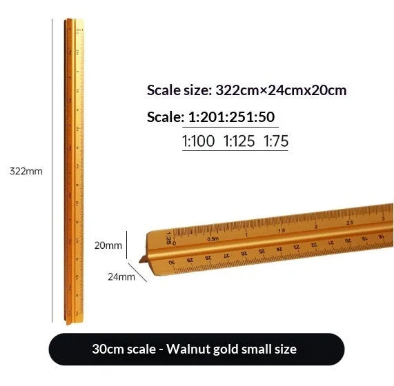 30cm triangular ruler in carbon black, prism blue, star silver or walnut gold, plastic or aluminium alloy, large or small scale