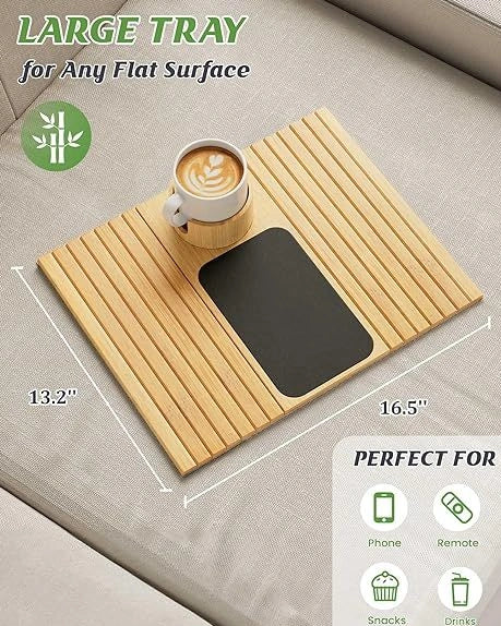 Bamboo sofa tray with cup holder on sofa, 45cm length natural wood surface