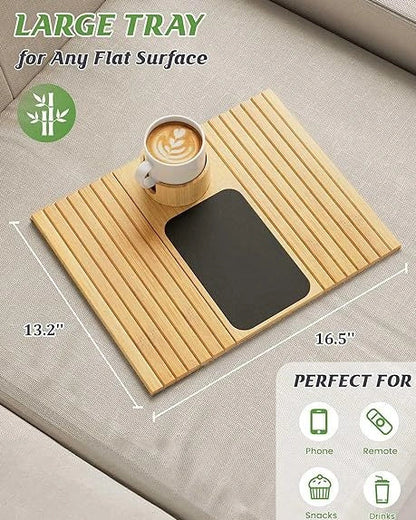 Bamboo sofa tray with cup holder on sofa, 45cm length natural wood surface