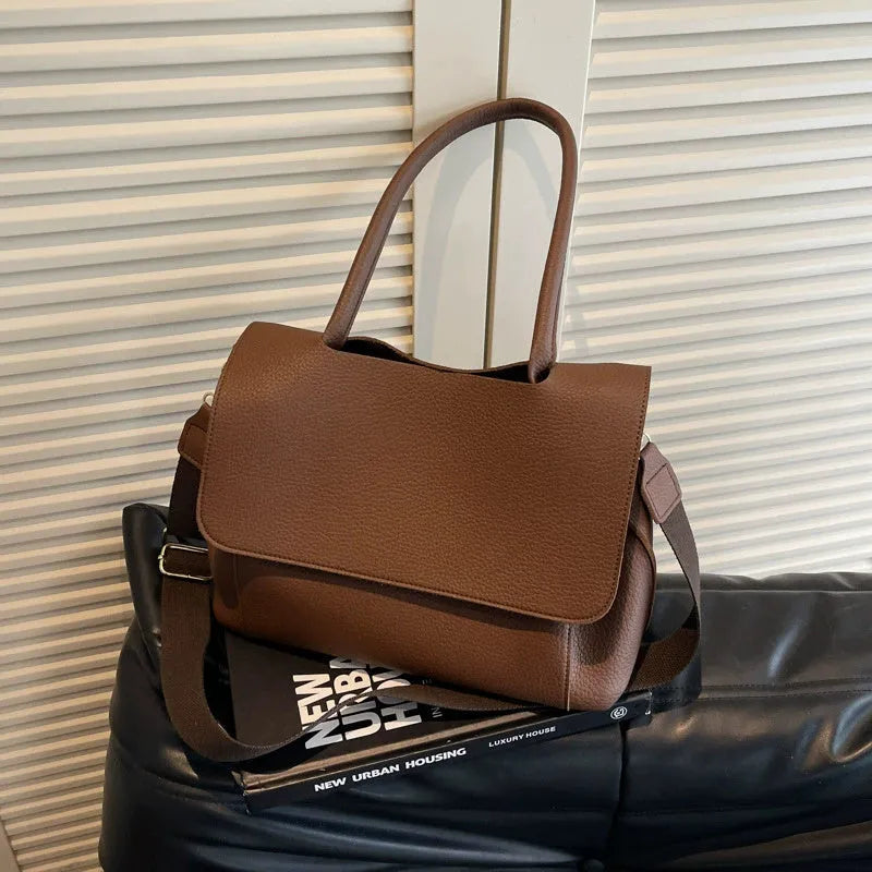 Horizontal square PU leather tote bag with double shoulder straps in khaki colour.