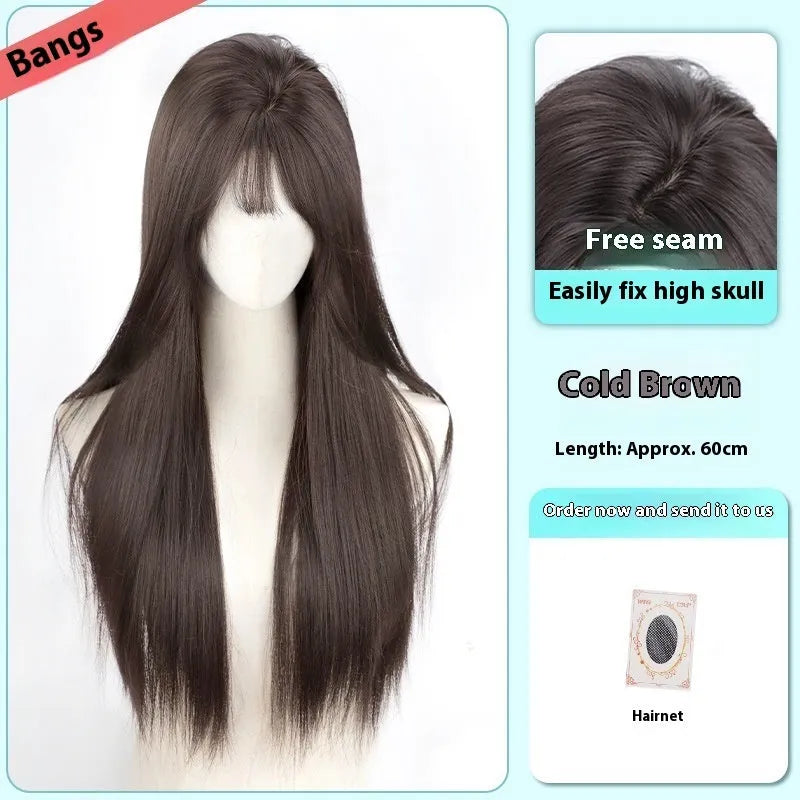 Female full-head wig with forehead lace seamless construction in brown black and cold brown colour options