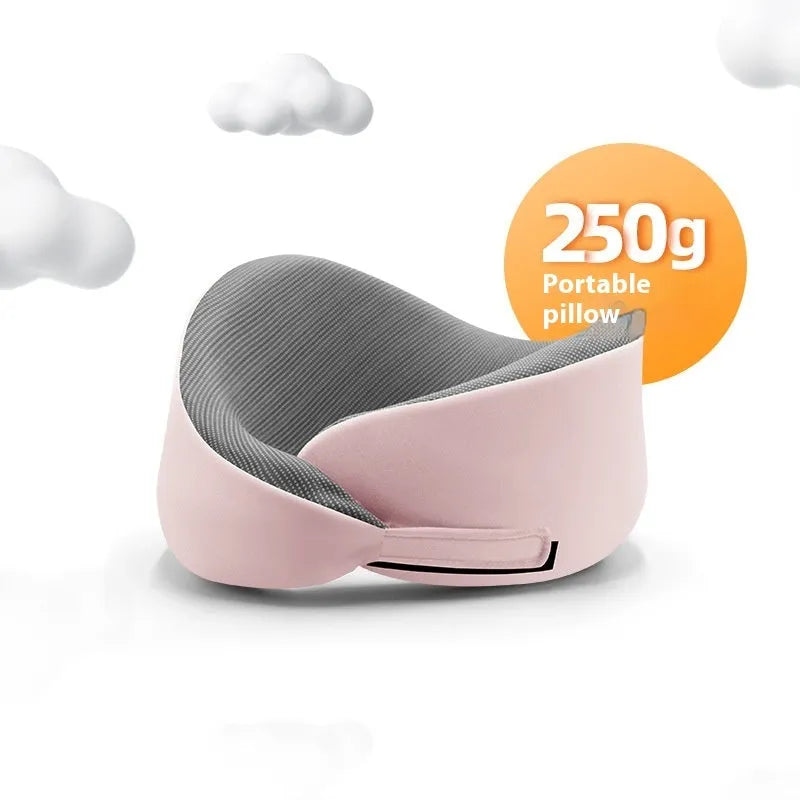 Light grey memory foam U-shaped neck pillow with a magnetic cloth protector.