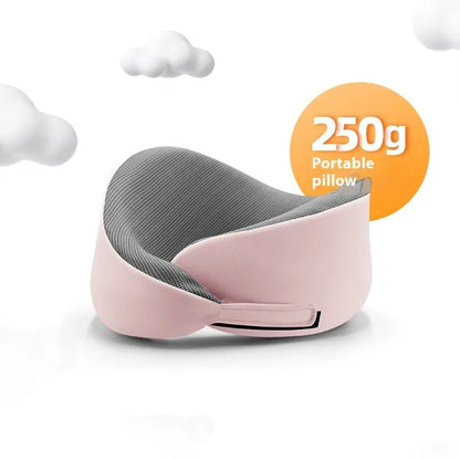 Light grey memory foam U-shaped neck pillow with a magnetic cloth protector.