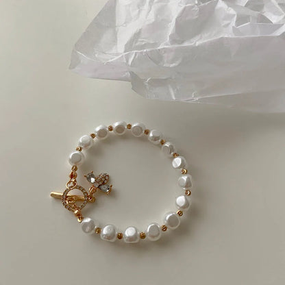 Classic Natural Stone Pearl Pendant Bracelet with insect motif for women