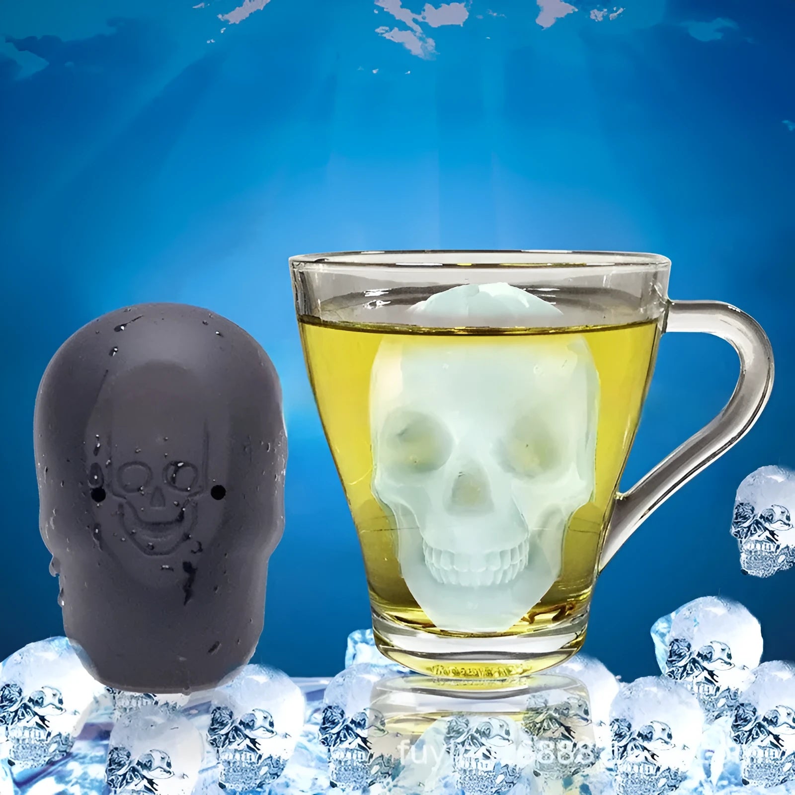 3D skull-shaped ice cube tray made from food-grade silicone for Halloween drinks