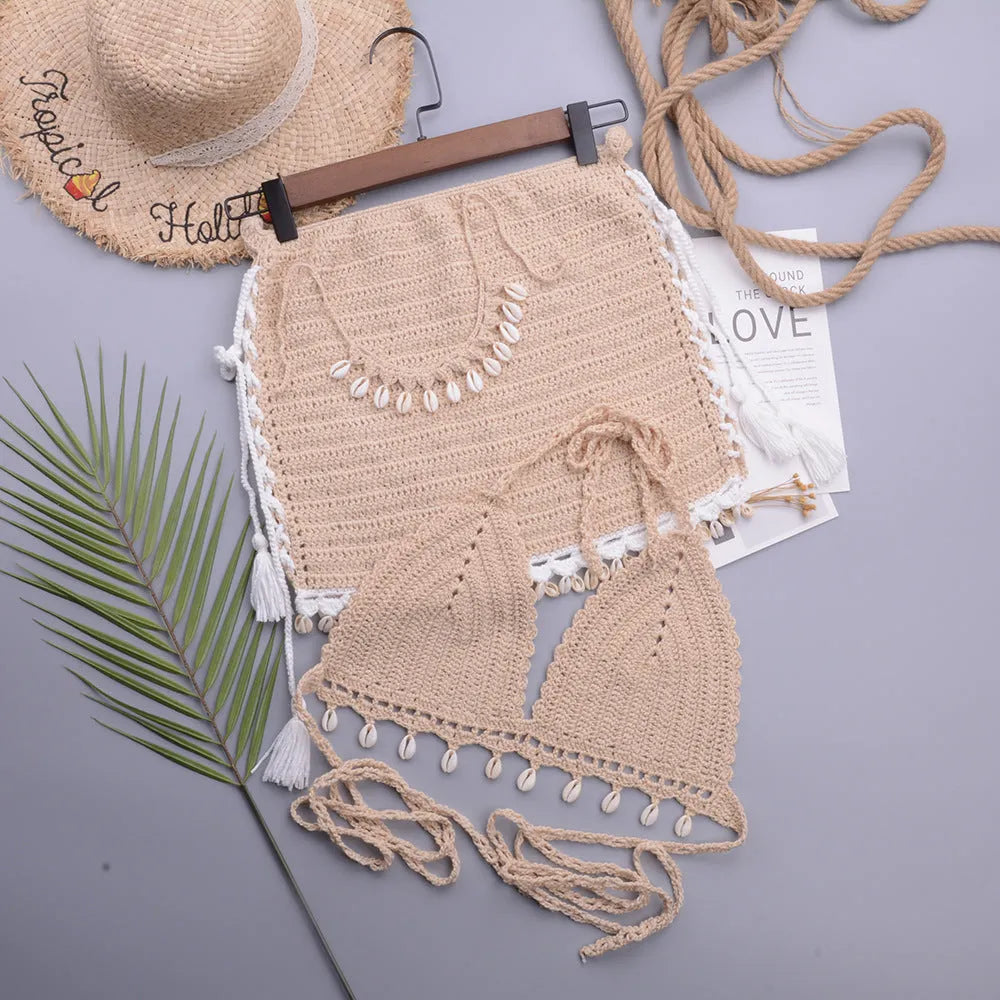 Women's handmade shell lace-up split swimsuit in cotton blend fabric with matching necklace
