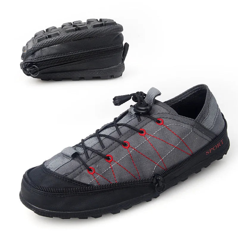 Portable folding outdoor hiking shoes in orange with side zipper closure, shown flat and folded