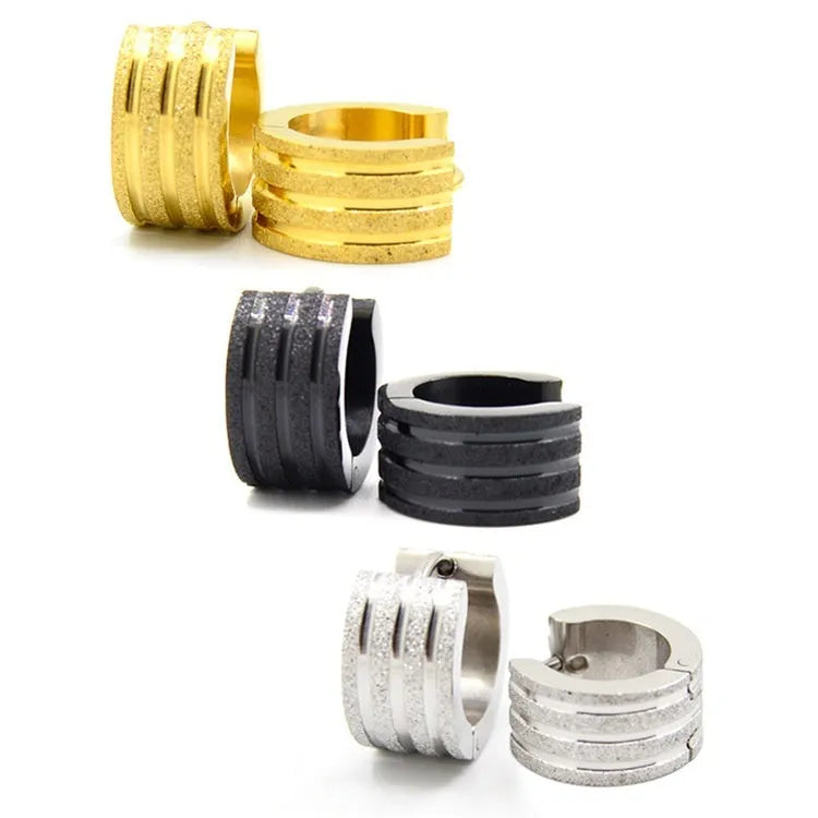 Titanium steel frosted geometric earrings in black, gold, or steel colour with three-line Korean style design