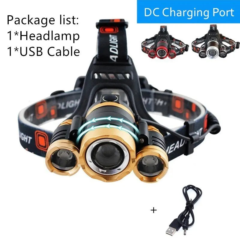 Rechargeable aluminium LED headlamp with adjustable elastic headband and Hawkeye lens.
