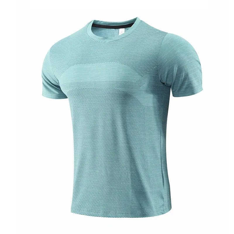 Man wearing a red short-sleeve polyester sports t-shirt for running or basketball workout.