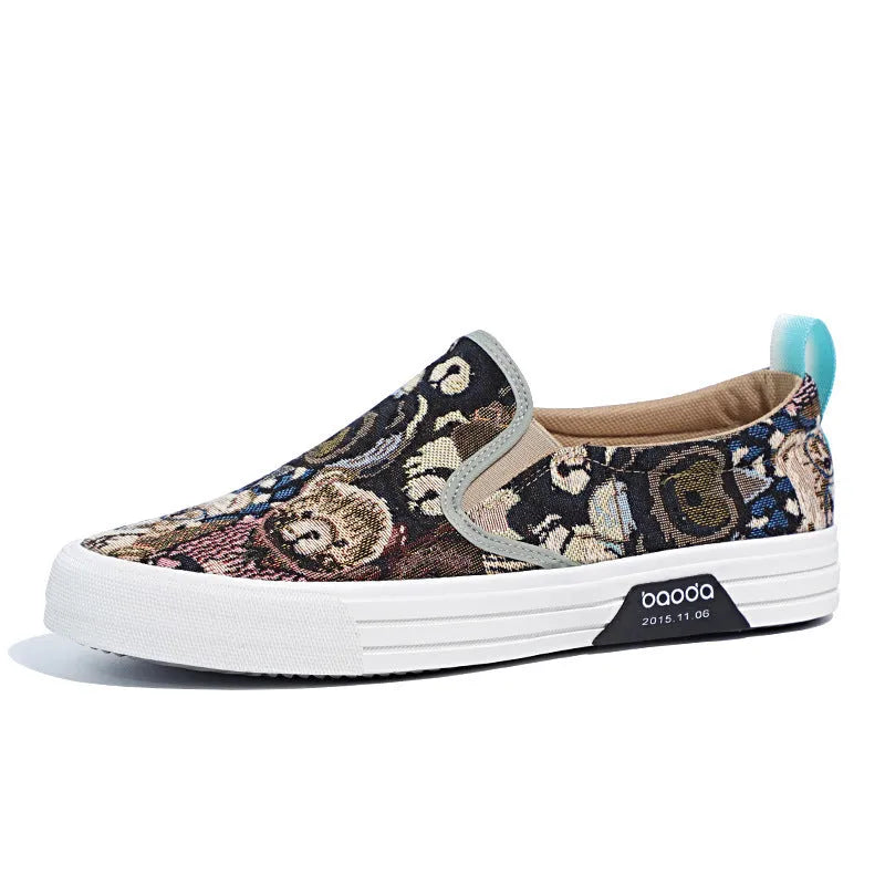 Low-top canvas slip-on sneakers with a vulcanised rubber sole in khaki colour on a neutral background.