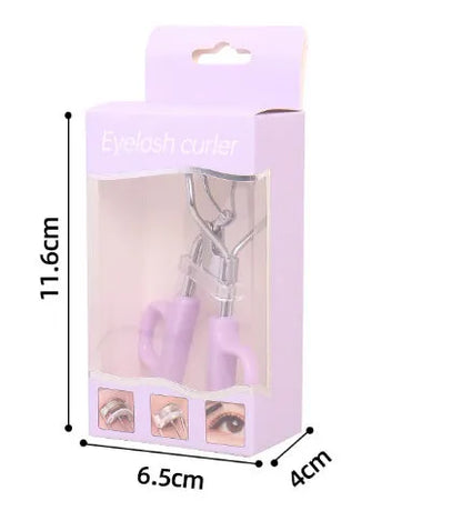 A4 chromium-coated scissor-style eyelash curler with tail design in pink or purple colour options