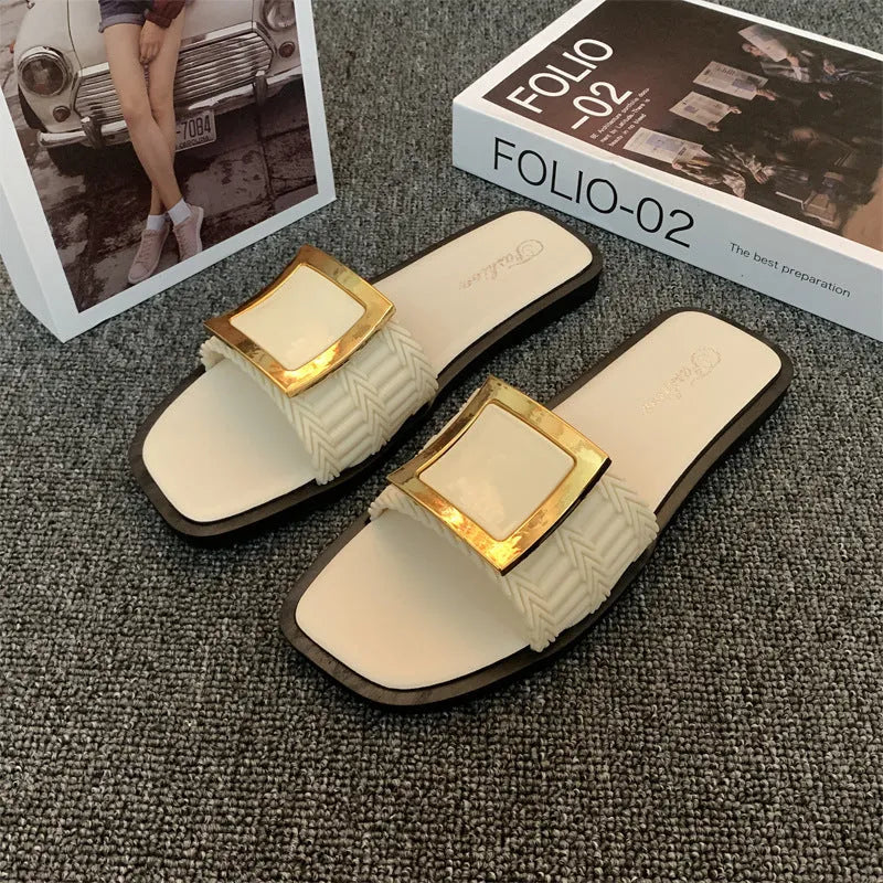 Women's summer flat slippers with PVC sole in apricot, black or khaki colours