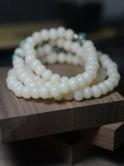 White jade bodhi root oblate bead bracelet with 108 beads in two sizes