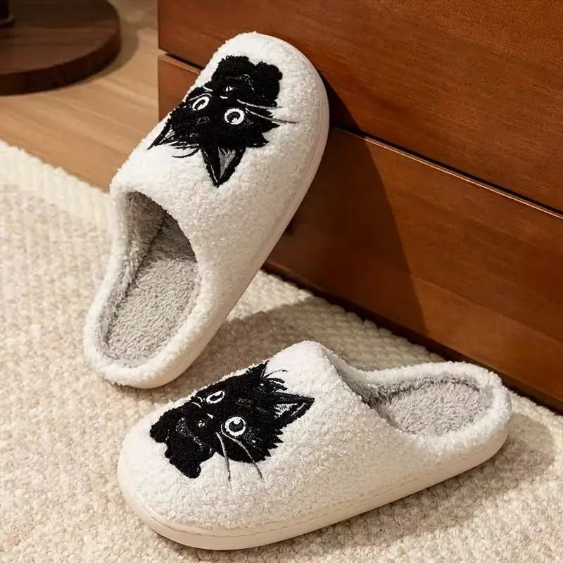 White plush Black Beard Cat cartoon couple slippers with a non-slip TPR sole.