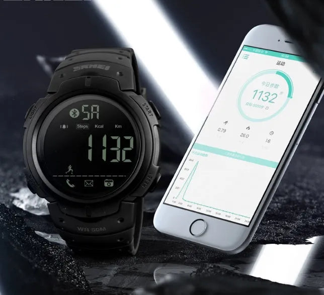 Men's black and army green Bluetooth smart watch with 50mm dial on PU strap.
