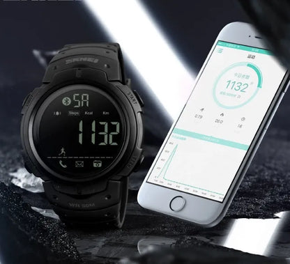 Men's black and army green Bluetooth smart watch with 50mm dial on PU strap.