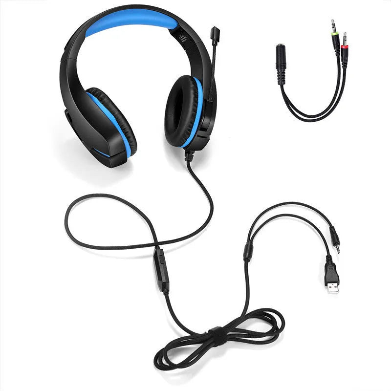 J10 3.5mm wired gaming headset with mic, LED lights, soft PU earmuffs, and blue or red colour options