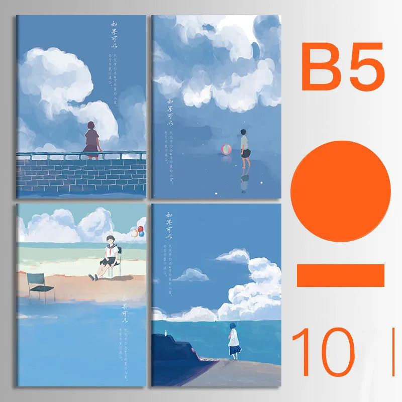 Pack of ten A5 kraft paper thread-bound notebooks with artistic cover designs lying flat.